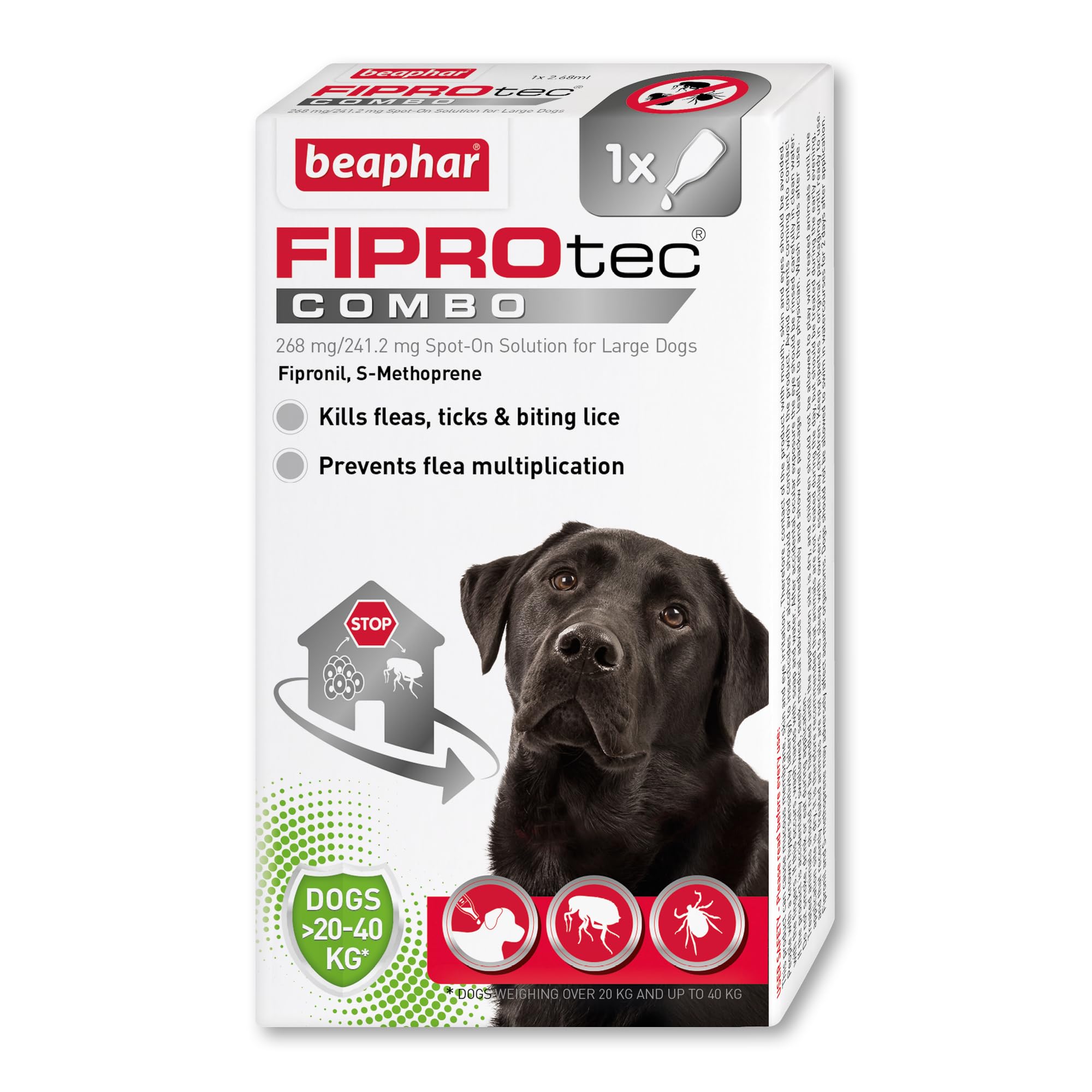 Beaphar - FIPROtec® COMBO for Large Dogs (20-40kg) - 1 pipette - Kills Fleas, Flea Eggs, Flea Larvae & Ticks - Stops Fleas Multiplying on Pet and in Home - Vet Strength Dog Flea Treatment