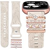 Minyee Floral Engraved Band with Charms Compatible with Fitbit Versa 2/Fitbit Versa/Versa Lite Bands Women,Bling Decorative Ring Loop Cute Soft Silicone Flower Fancy Strap for Versa 2 Watch(with Band)