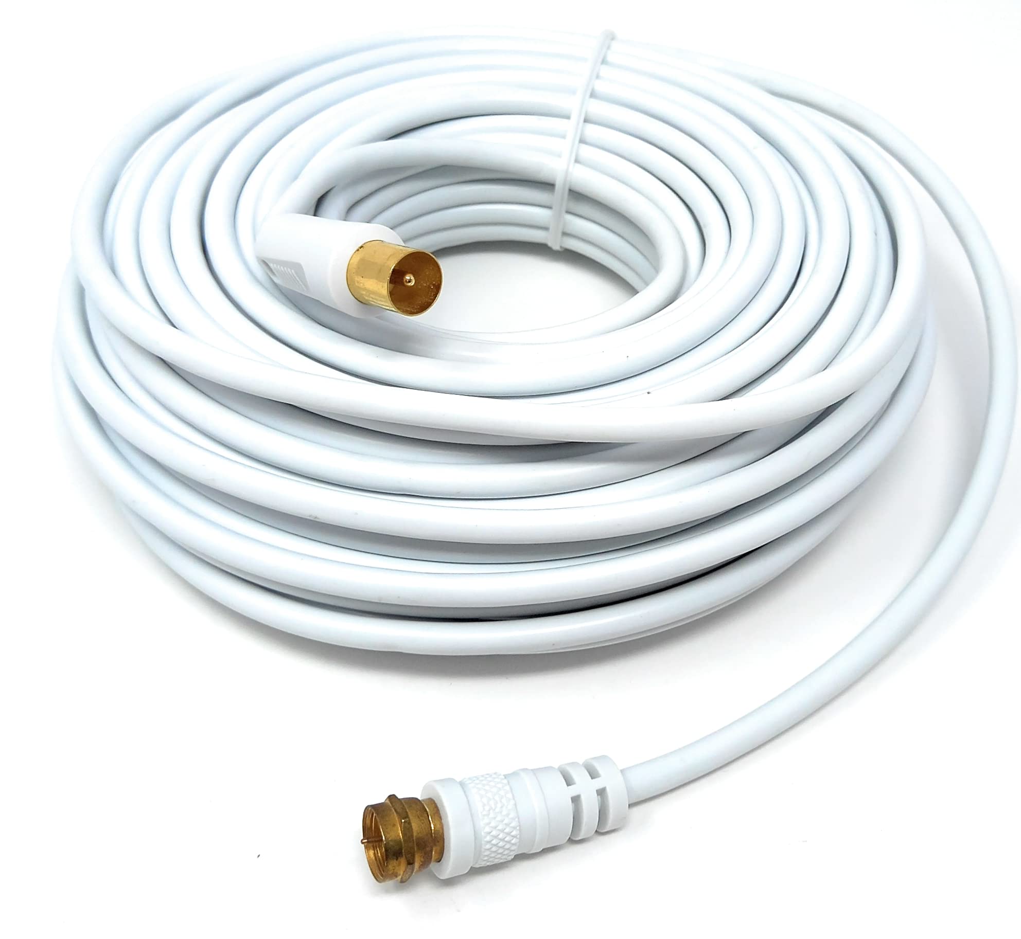 DRUT 20m RF TV Aerial Male to F Type Connector Male Plug Coaxial Coax Cable, Lead, 75 Ohm, 3C-2V 65ft White Gold Connectors