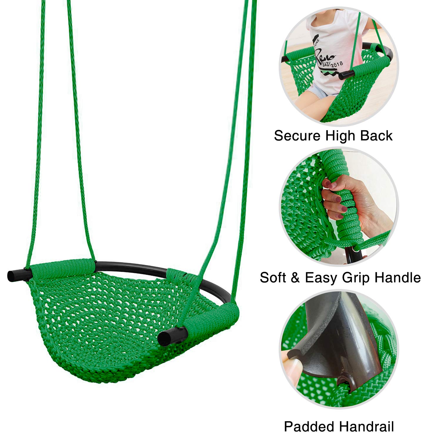 RedSwing Kids Swing seat with Adjustable Ropes, Hand-Knitting Child Swing Seat Great for Tree, Outdoor Indoor, Playground, Backyard, Green