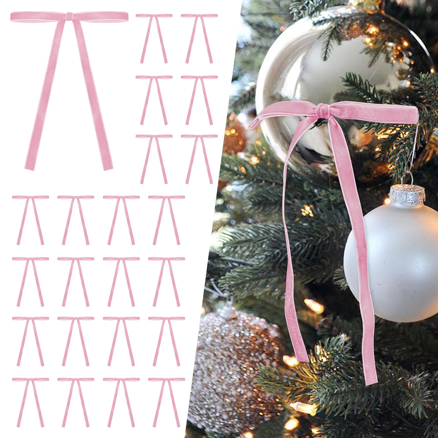SIMISI RIBBON 24 Pcs Pink Velvet Christmas Tree Bows Door Garland Decor Vintage Wreath Bow (3/8'' Width, 5 * 7 inch)
