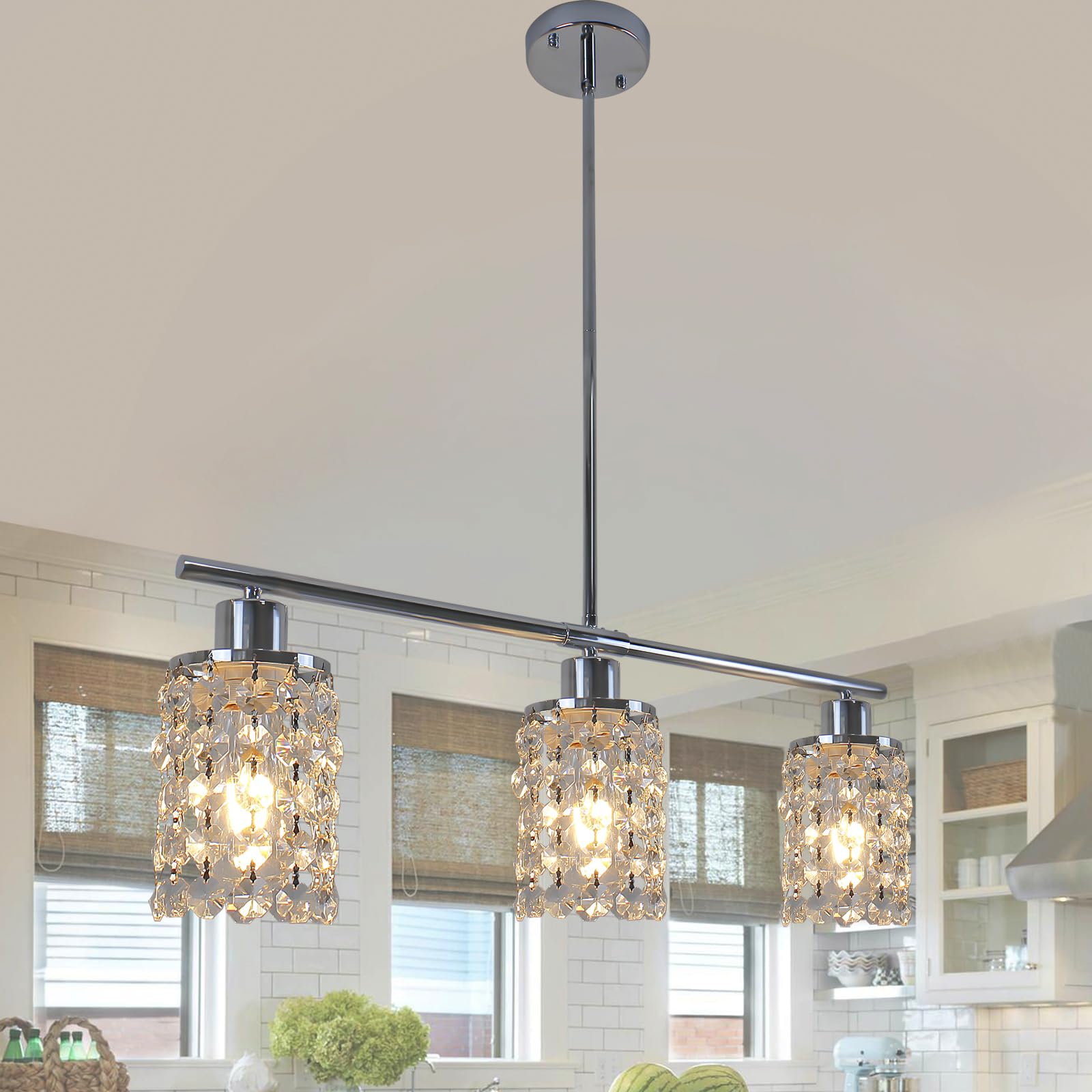 Rviezza Modern Crystal Ceiling Hanging Light, 3-Way Chrome Metal Chandeliers, Crystal Ceiling Lights with E27 Base, Classic Ceiling Pendant Light Fitting for Kitchen Island, Dining Room