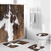 TOMWISH Western Bathroom Shower Curtain Set,Cowhide Print Bathroom Rug | Shower Curtain Toilet Lid Cover and Bath Mat Farmhouse Brown Animal Print Bath Accessories Décor with 12pcs Hooks