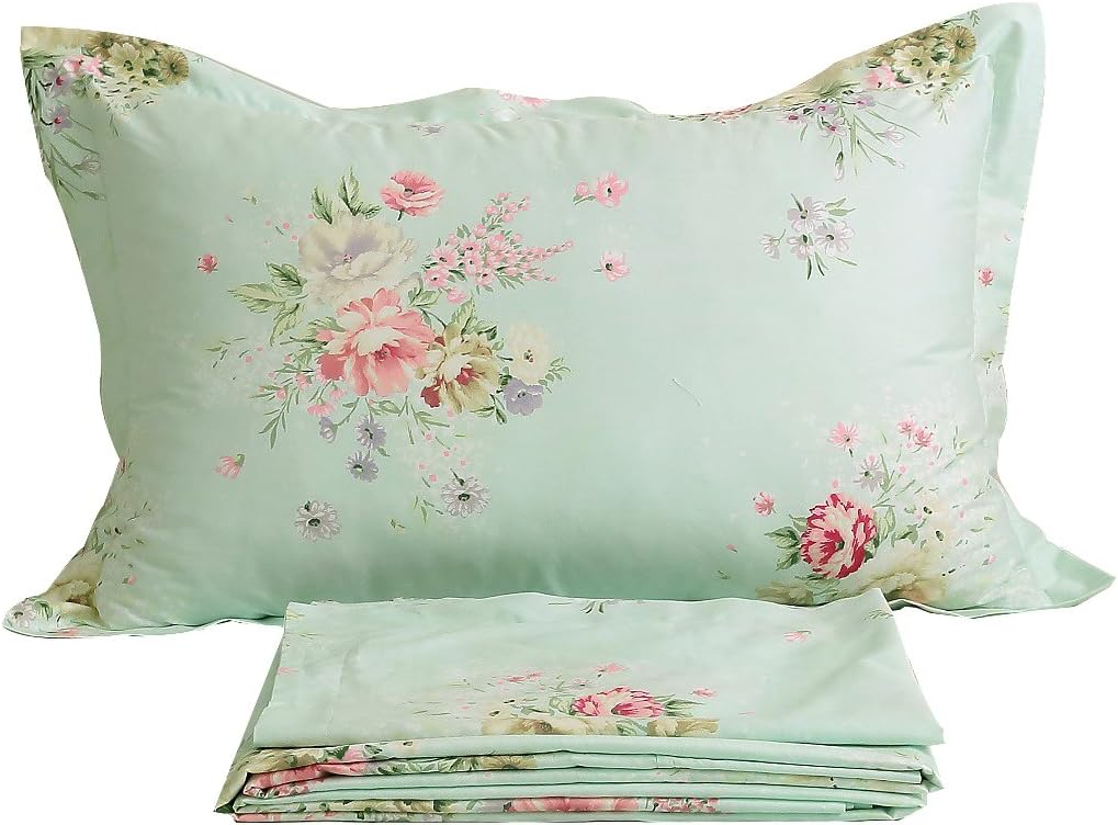 FADFAY Green Floral Bed Sheet Set Cotton Sheets 4Piece Queen Size