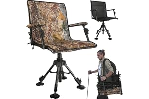 FUNHORUN Hunting Chair with Removable Camouflage Cover, 360 Degree Silent Swivel Hunting Seat with Adjustable 4 Legs Height and Armrests, Tool-Free Foldable Ground Blind Chair, Portable Seat