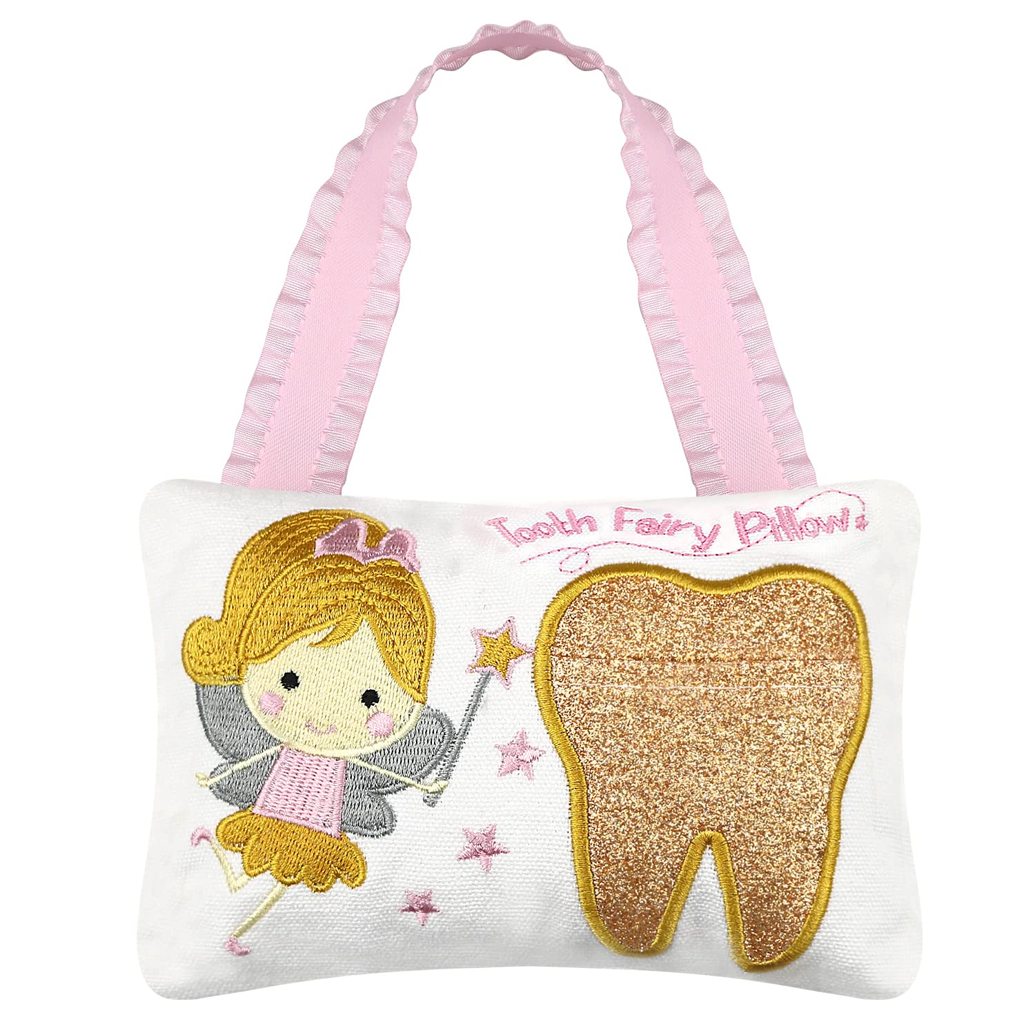 free-space Tooth Fairy Pillow Embroidery Girl Gold Shiny Teeth With Pocket Tooth Fairy Souvenir Collection Kids Gifts (Gold)