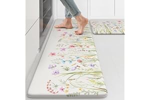 KIMODE Anti Fatigue Kitchen Mat for Floor, Farmhouse Floral Kitchen Rugs Sets of 2, Kitchen Floor Mats Non-Slip, Cushioned Standing Mat for Sink, Laundry, Desk, Home White 17"x47"+17"x29"
