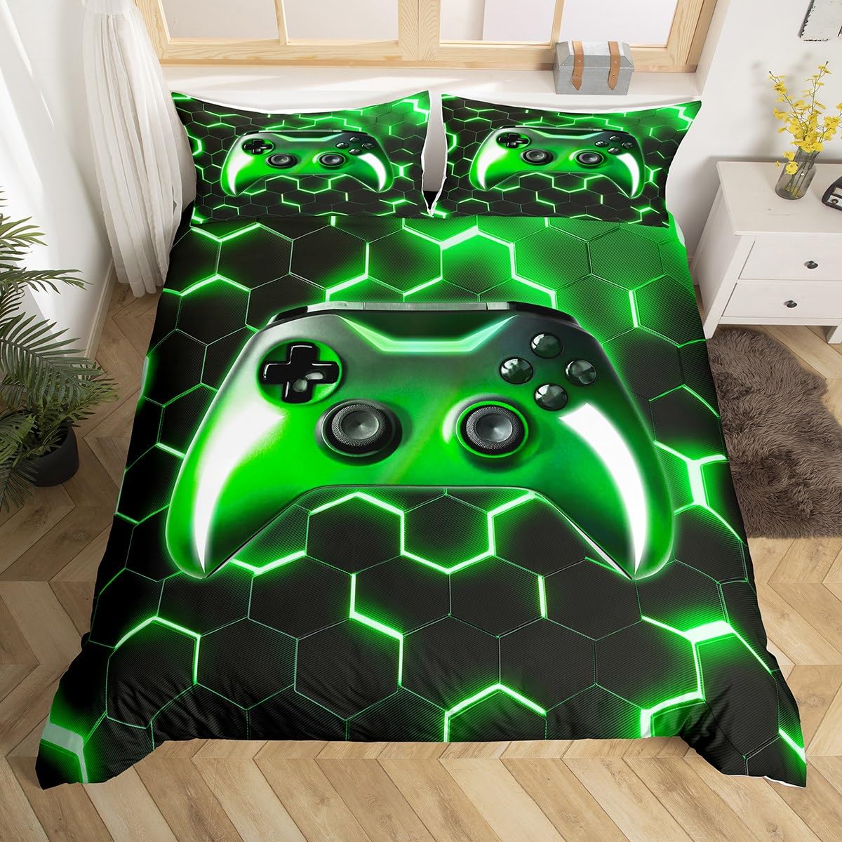 Homewish Gamer Bedding Set Gaming King Duvet Cover Sets Teenage Boys 3D Game Console Duvet Set, Geometric Neon Light Honeycomb Comforter Cover, Green Black Bedding for Boys Bedroom Decor — image 1