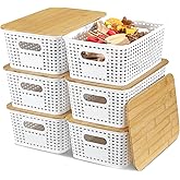 EOENVIVS 6 Pack Storage Bins with Bamboo Lids for Pantry Organization and Storage Containers for Shelves Drawers Desktop Closet Playroom Classroom Office Home,White