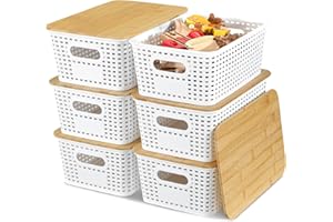 EOENVIVS Storage Bins with Bamboo Lids, 6 Pack Plastic Storage Baskets and Storage Containers, Storage Baskets for Organizing Shelves Drawers Desktop Closet Playroom Classroom Office Home, White