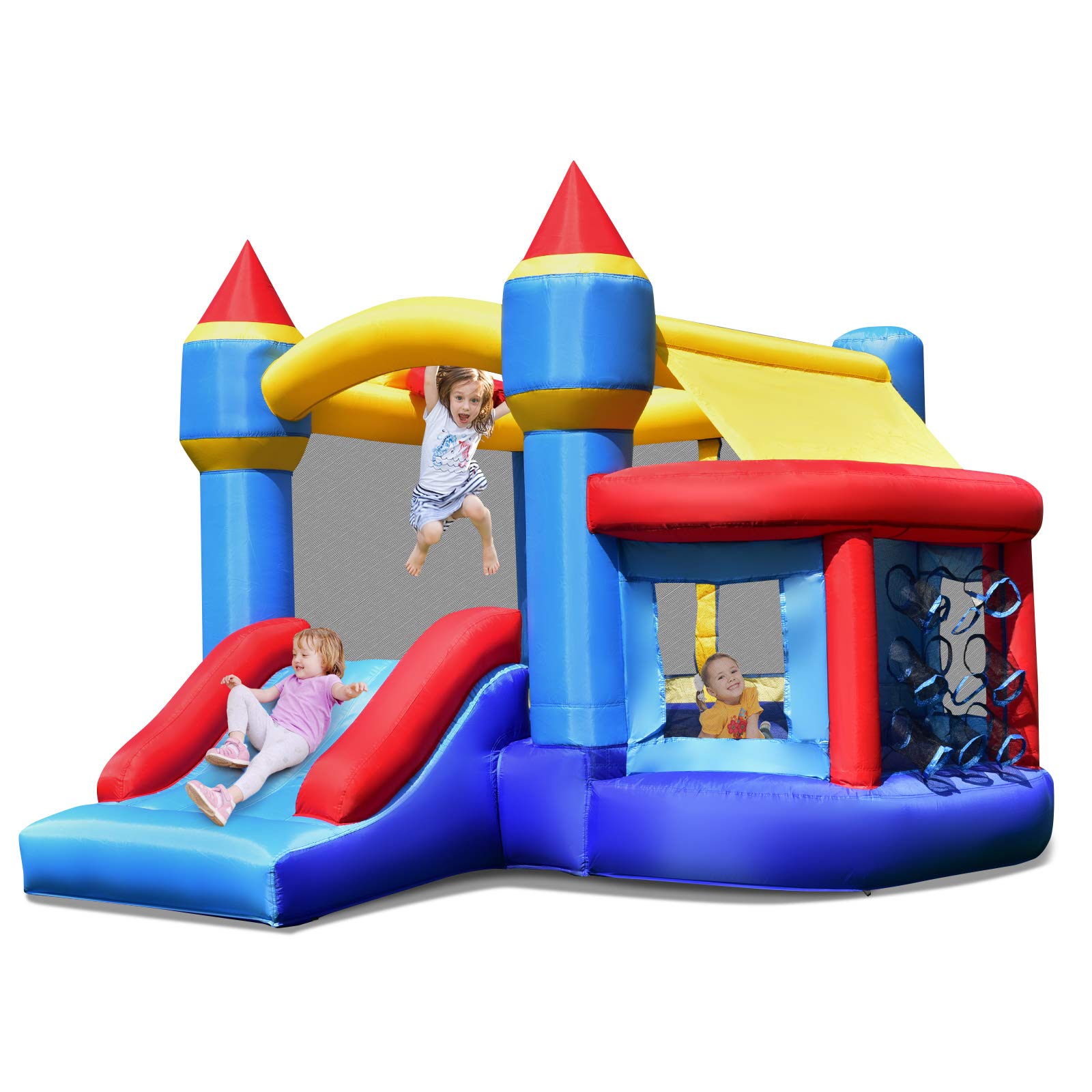 COSTWAY Kinder aufblasbare Hüpfburg, Hüpfburg mit Rutsche, Ballgrube, Reparaturflicken, Aufbewahrungstasche, Kinder-Hüpfburg für Hinterhof, Indoor & Outdoor-Einsatz 270x240x196cm