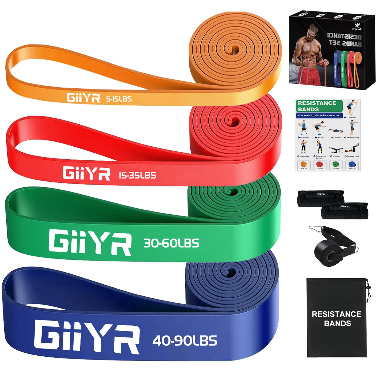 Photo 1 of Giiyr Resistance Bands Set for Men & Women - 4 Levels Exercise Band with Door Anchor, Pull Up Bands for Strength Training, Stretching, Powerlifting, Home Workouts (Orange, red, Green, Blue)