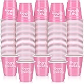 Layhit 100 Pcs Happy Birthday Plastic Shot Glasses 2oz Disposable Shot Cups for Party Mini Drinking Cups for Birthday Wedding Party Favors Tasting Serving Snacks Samples(Pink)