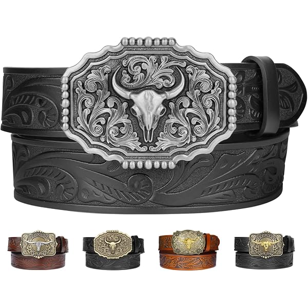 Kicoroiny Leather Western Belts for Woman Men - Bull Buckle