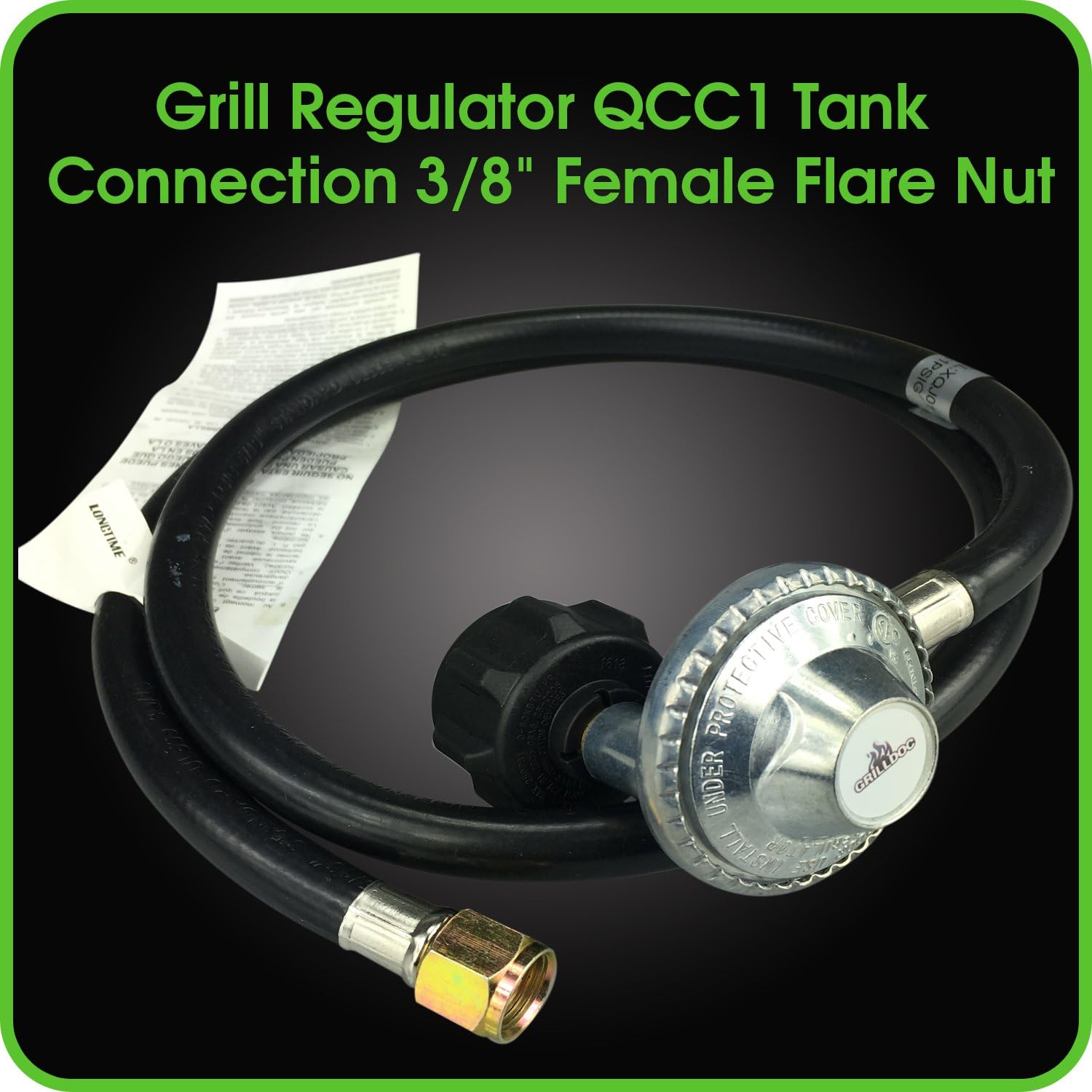 Grill Regulator Propane Gas Hose QCC1 Tank Connection 3/8" Female Flare Nut - Easy To Install Fits Most LP Gas Grill, Heater & Fire Pit Table - Solid Brass Construction Fittings By Grill Doc