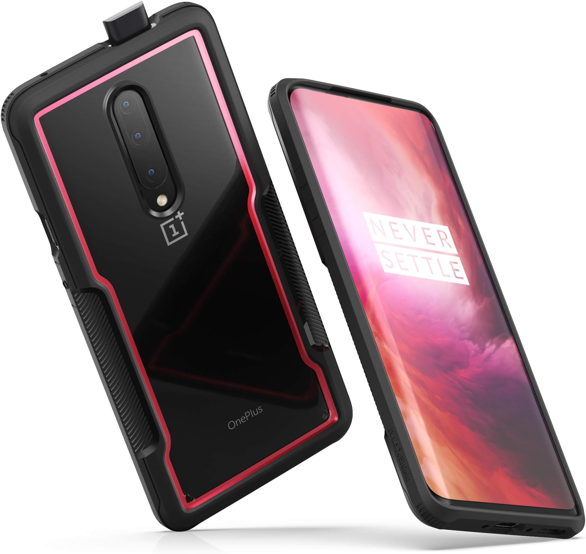 MAXSHIELD Compatible with OnePlus 7 Pro Case, Premium Hybrid Shockproof Protective Slim Clear Bumper Case [Razor X Series]-Red