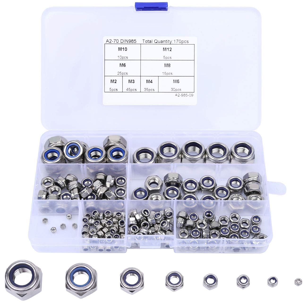 TA-VIGOR 170Pcs Nylon Hex Lock Nuts Assortment Kit, M2 M3 M4 M5 M6 M8 M10 Stainless Steel Nylon Insert Self-locking Nuts, Hex Threaded Nyloc Nut Set with Storage Box for Lock Washers Bolts Screws M12