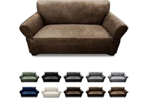 Pfrstuv Loveseat Sofa Slipcover Leather Look Couch Covers for 2 Seater Couch Sofa 1-Piece Sofa Cover Stretch Furniture Protector with Elastic Bottom & Pockets(Loveseat, Light Brown)