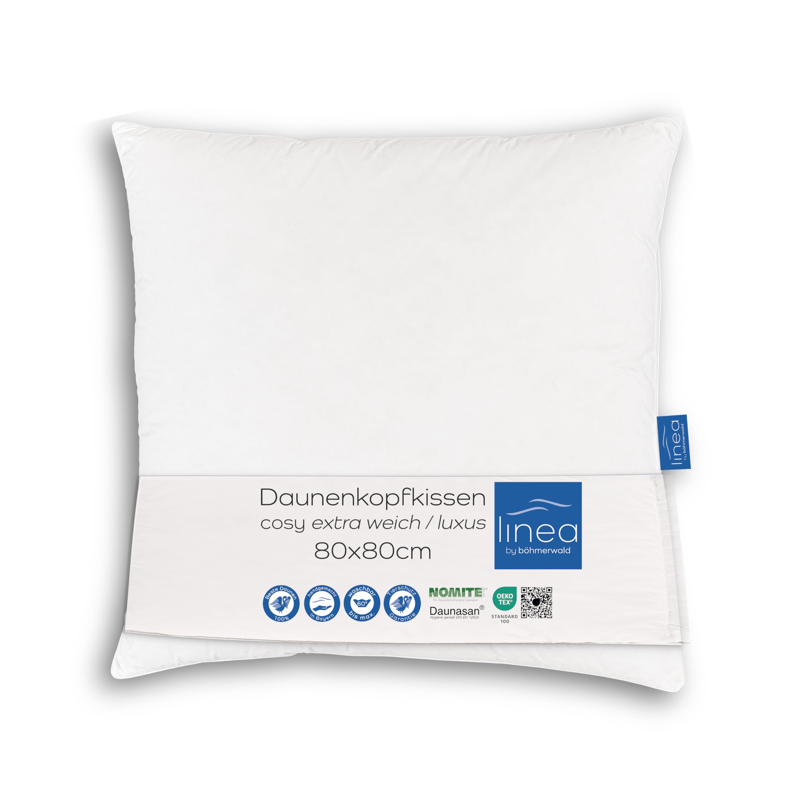 linea by Böhmerwald Cosy Luxury Pillow, Extra Soft, 80 x 80 cm, 100% White Down, Suitable for Allergy Sufferers, Washable up to 60 °C, Made in Germany, White
