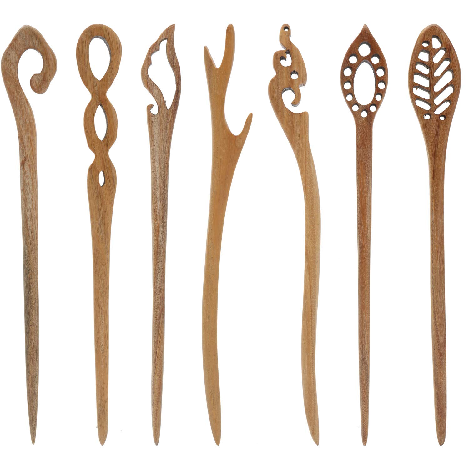 7 Pack Vintage Retro Handmade Ancient Chinese Japanese Brown Wooden Hair Sticks Chopsticks Hair Pins Picks Wood Sandalwood Carved Smooth Long Horn Fork Pen Hairpins Clips for Bun Chignon Holder Bulk