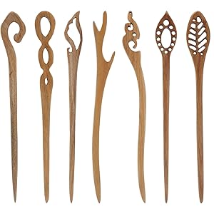 7 Pack Vintage Retro Handmade Ancient Chinese Japanese Brown Wooden Hair Sticks Chopsticks Hair Pins Picks Wood Sandalwood Carved Smooth Long Horn Fork Pen Hairpins Clips for Bun Chignon Holder Bulk