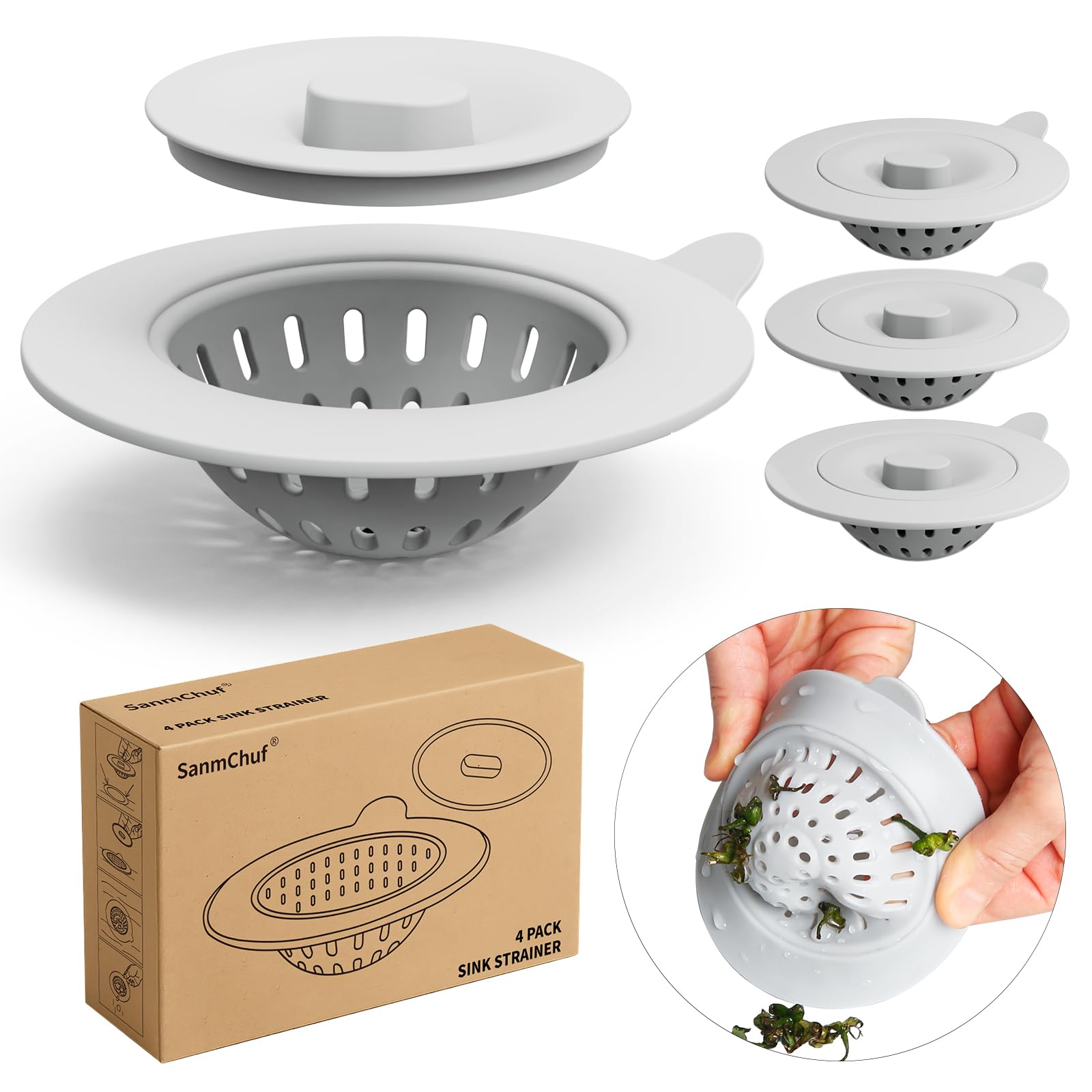 Photo 1 of 4 Pack Silicone Kitchen Sink Drain Catcher with Lid, 4.4" Top / 3" Mesh Basket, Grey Strainers for 3.1–3.9 Inch Openings, Anti-Clog Reusable Sink Stopper Covers, Odor-Proof & Easy to Clean
