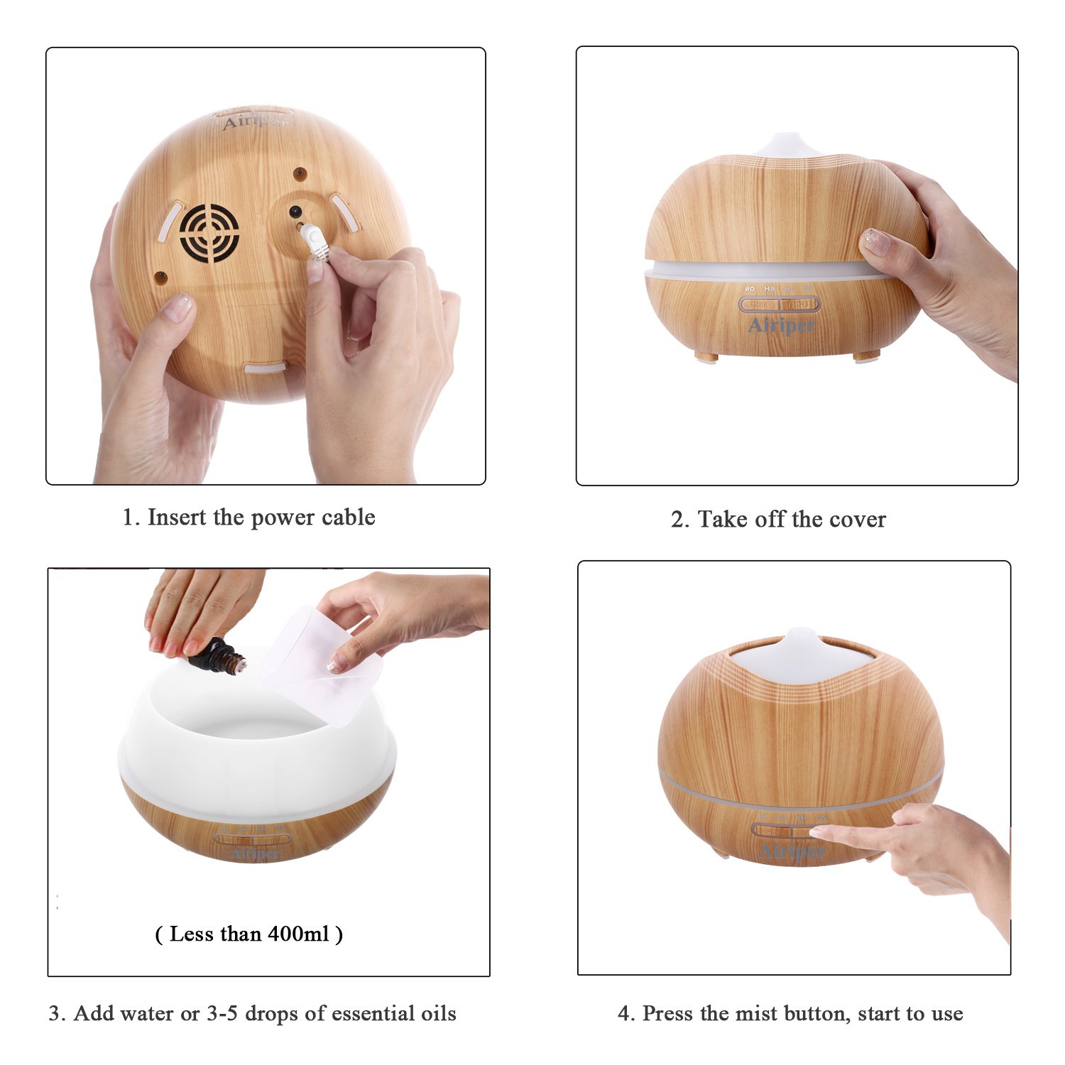 Airiper 400ml Aroma Essential Oil Diffuser, Portable Wood Grain Aromatherapy Humidifier Ultrasonic Cool Mist Air Purifiers w 7 Color LED Lights, 4 Timer Settings, Waterless Auto Shut-Off Features