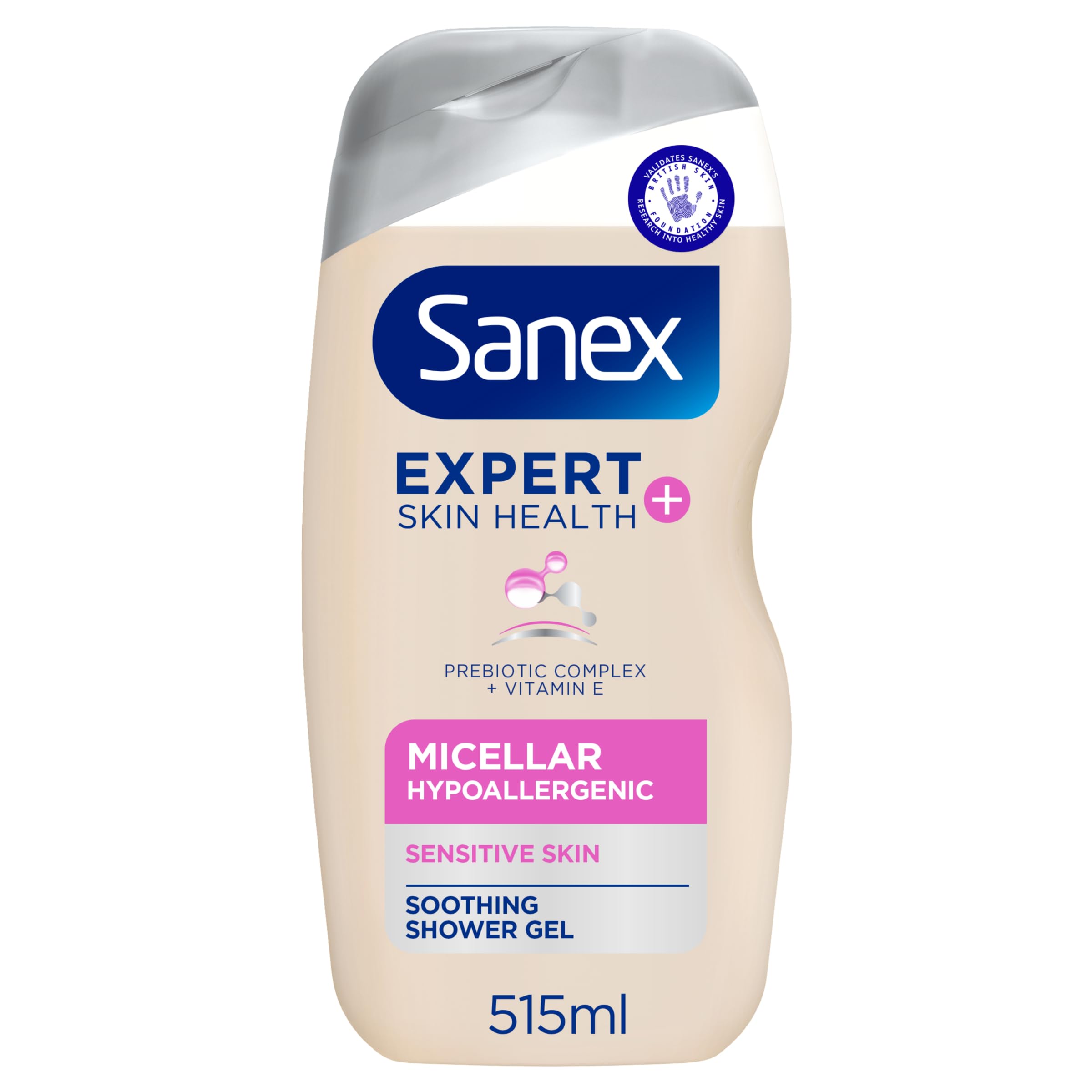 Sanex Expert Skin Health + Micellar Hypoallergenic Shower Gel 515ml, for sensitive skin, body wash for men & women, helps protect skin from pollution, gentle antioxidant formula, with vitamin E