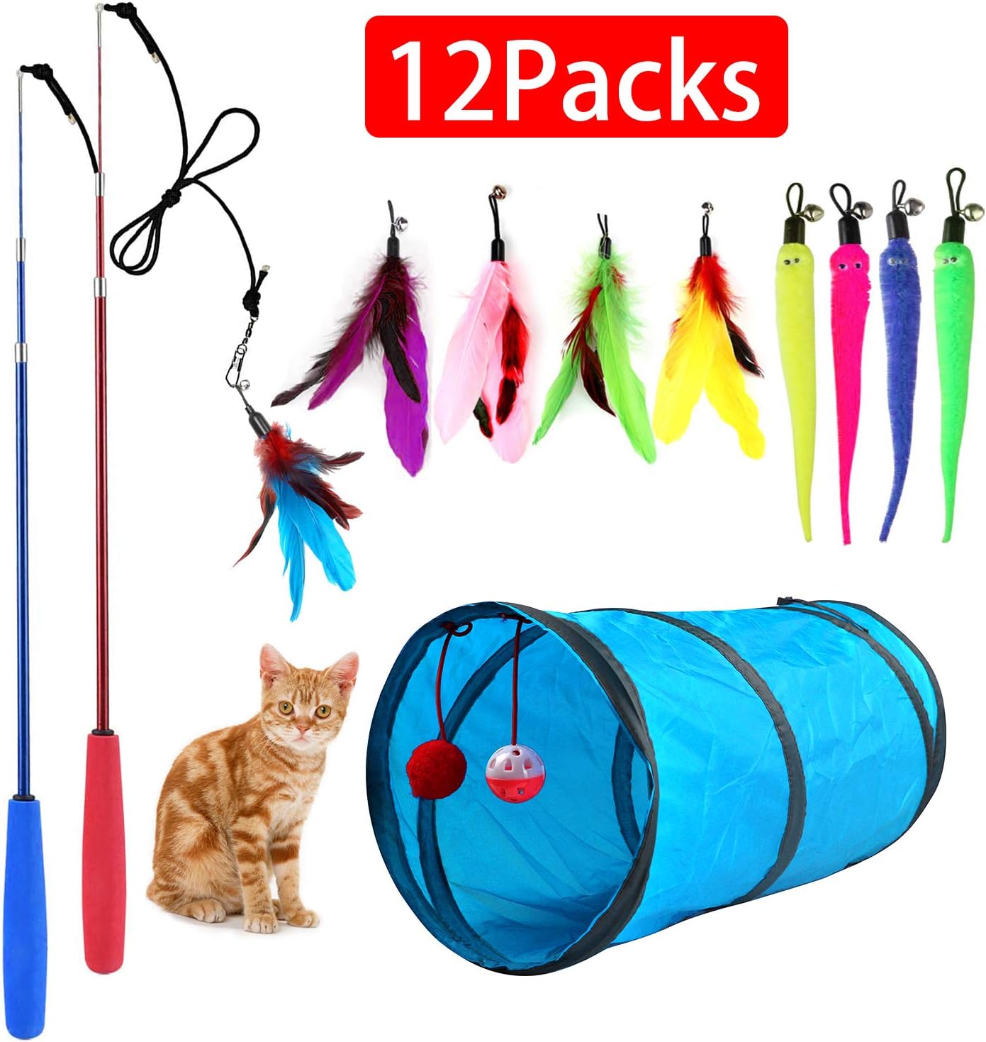 M JJYPET Retractable Cat Toy Wand, 12 Packs Interactive Cat Feather Toys, 9 Assorted Teaser Refills with Bell for Cat Kitten (Blue) : Pet Supplies