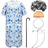 Jiuguva 7 Pcs Old Lady Costume 100th Days of Party Costume with Granny Nightgown Wig Cane Grandma Dress
