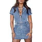 Wenrine Womens Summer Denim Dresses Bodycon Zipper Front Belted Sexy Mini Casual Dress with Pockets