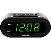 Sharp AccuSet Self-Setting Alarm Clock with Auto DST, Green LED | Automatic time setting; Auto DST adjustment; Battery backup; Easy-read LED display; Simple plug-and-play setup