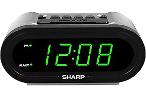 Sharp Digital Alarm with AccuSet - Automatic Smart Clock, Never Needs Setting - Great for Seniors, Kids, and Everyone who Doesn't Want to Set a Clock! Silver Case with Green LEDs