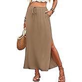 ELLEVEN Linen Straight Maxi Skirt with Side Slit - Elastic Waist Drawstring Long Flowy Ankle-Length Skirt with Pockets