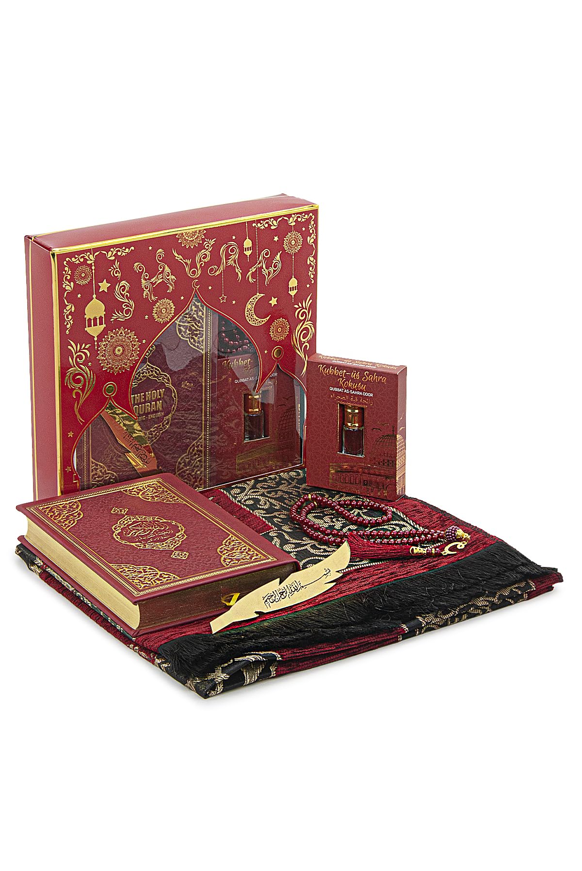 ihvan online Prayer Gift Set for Hajj and Umrah, Muslim Prayer Rug, Prayer Mat, Beads Taasbih, Holy Quran Translated English, Janamaz Salah Mat, Islamic Gift Set for Ramadan & Eid, Red