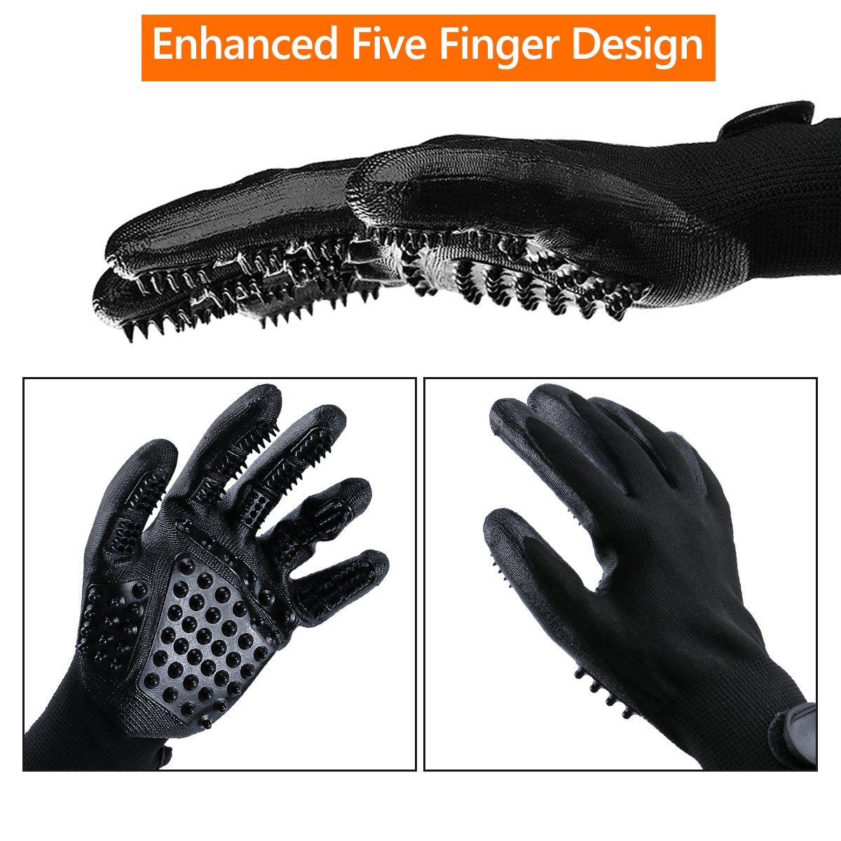 Guantes Masaje para Mascotas con Peine de acero, Mejorado Diseño de 5 Dedos Limpieza de Mascotas , Pet Grooming Gloves Funciona con Cabello Largo y Corto para Mascotas con Pelo Largo y Corto,perros, gatos, conejo,caballos