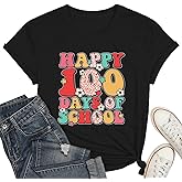 Fawniss Happy 100 Days of School Shirt-Women Cute Flower Teacher Short Sleeve School Days Party Tops Tee