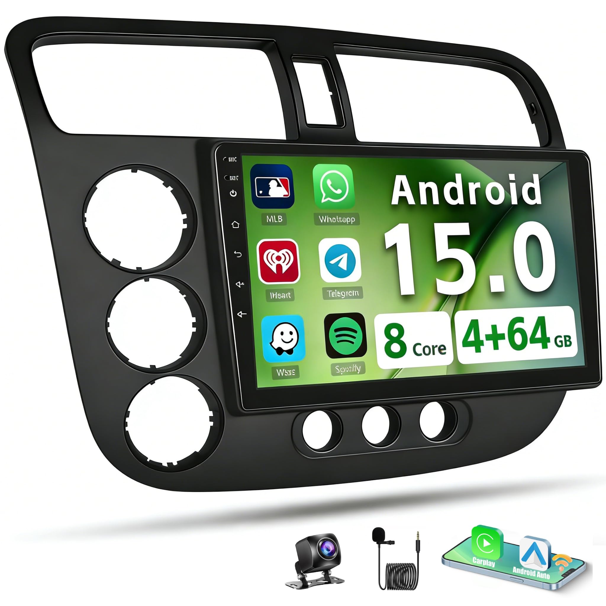 Photo 1 of [8-Core 4+64G] for Honda Civic Radio 2001-2005 Android 15 Car Stereo, Hikity 9‘’ Touchscreen Radio DSP 5G WiFi Wireless Carplay Android Auto 1280 * 720P Bluetooth GPS 32EQ/FM/DSP SWC Backup Cam+Mic