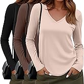 Sweetyweee 3 Pack Women's Long Sleeve Shirts Cotton V Neck Casual Tops Roll Hem Lightweight Basic Tee Soft 2026 Trendy Outfit