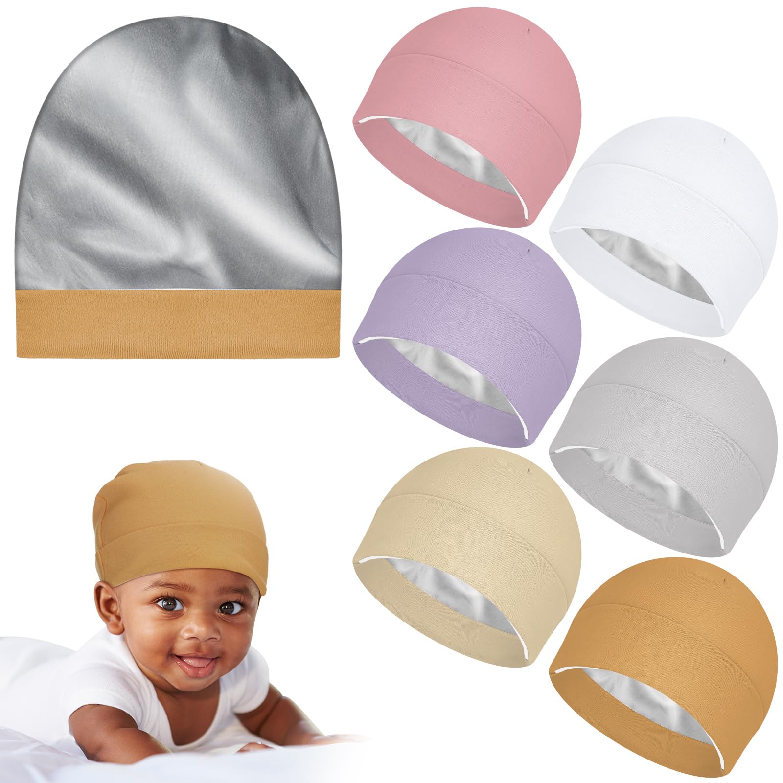 Photo 1 of Cotwinter 6 Pcs Satin Lined Baby Newborn Hats Silk Satin Lined Beanie Toddler Hat for Hospital Infant Girls Boys 0-6 Months (Cute Color)