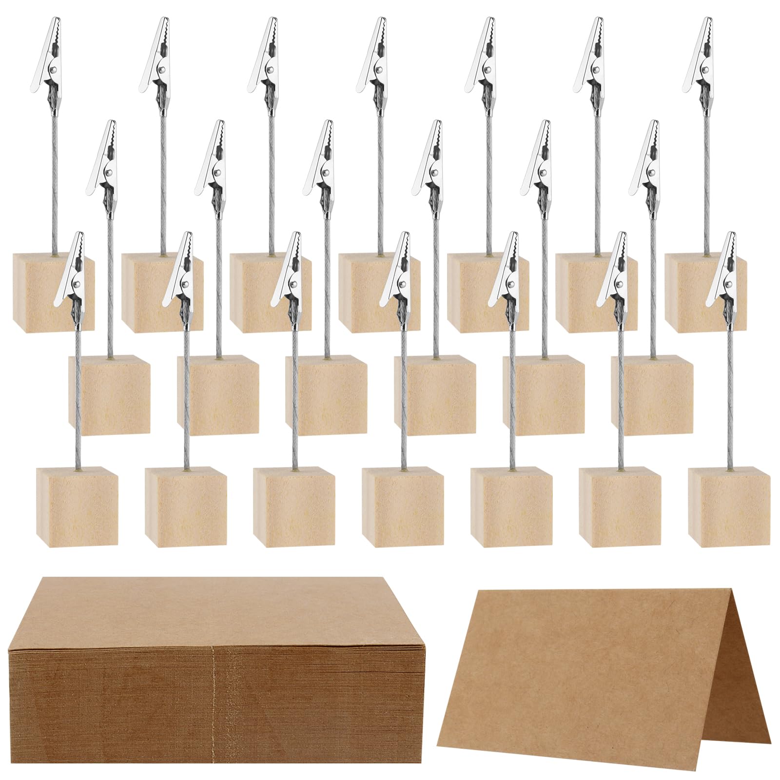YUENPUN 30 PCS Picture Clip Stand, Photo Clips Holder with 45 Kraft Cards, Wooden Table Number Holder Menu Stand for Wedding, Restaurant Dinner Party Table Number Displaying