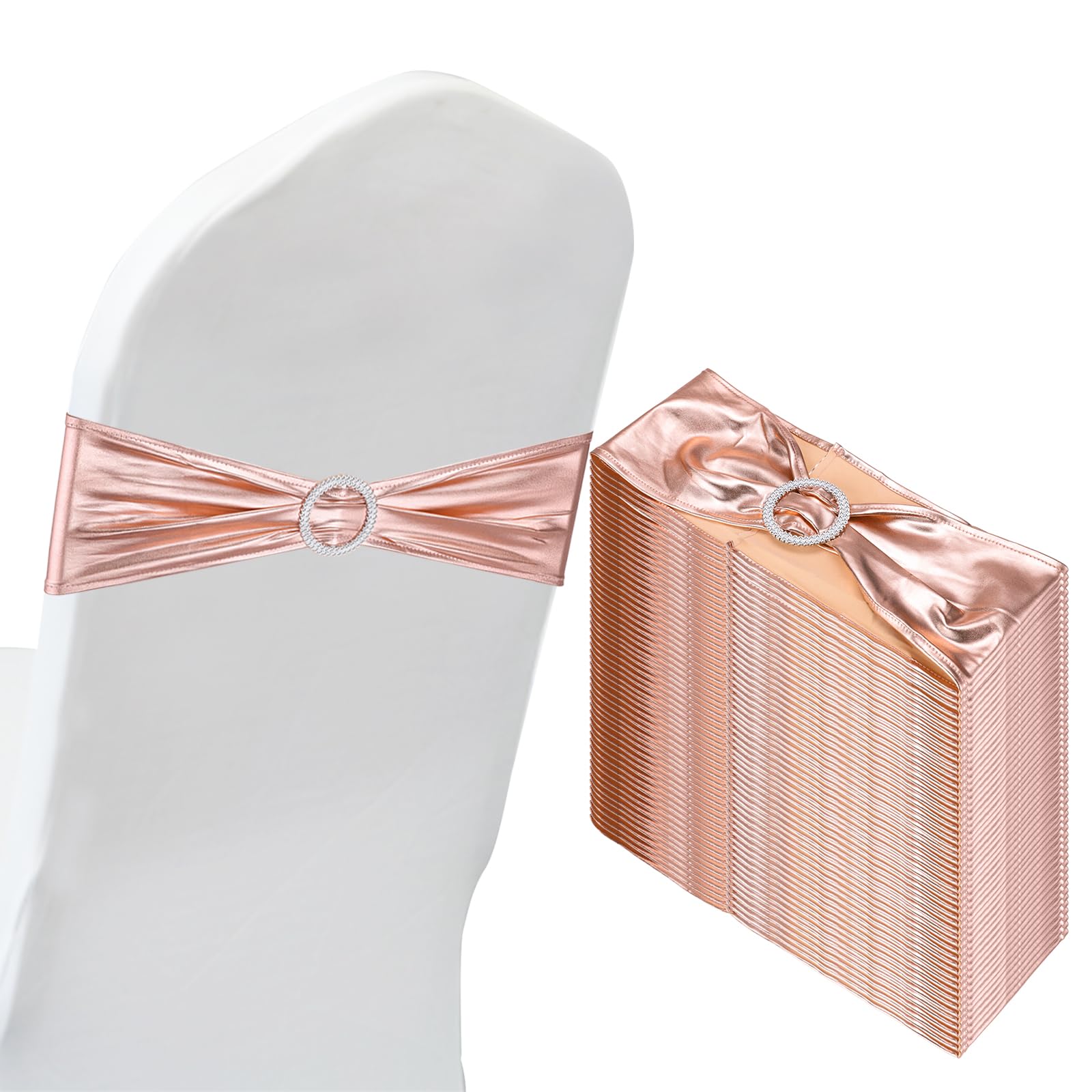 PATIKIL 14"x5" Stretch Chair Sashes Bows, 50 Pack Elastic Chair Bands Sashes with Buckle Slider for Wedding Banquet Decorations, Rose Gold