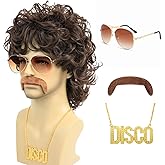 Bettecos 70s Disco Wigs for Men - Brown Curly 80s Mullet Wig for Halloween Costume Party Male Afro Funny Wigs with Glasses Necklace and Mustache (Brown)