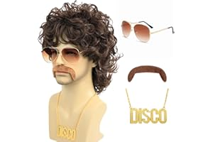 Bettecos 70s Disco Wigs for Men - Brown Curly 80s Mullet Wig for Halloween Costume Party Male Afro Funny Wigs with Glasses Necklace and Mustache (Brown)