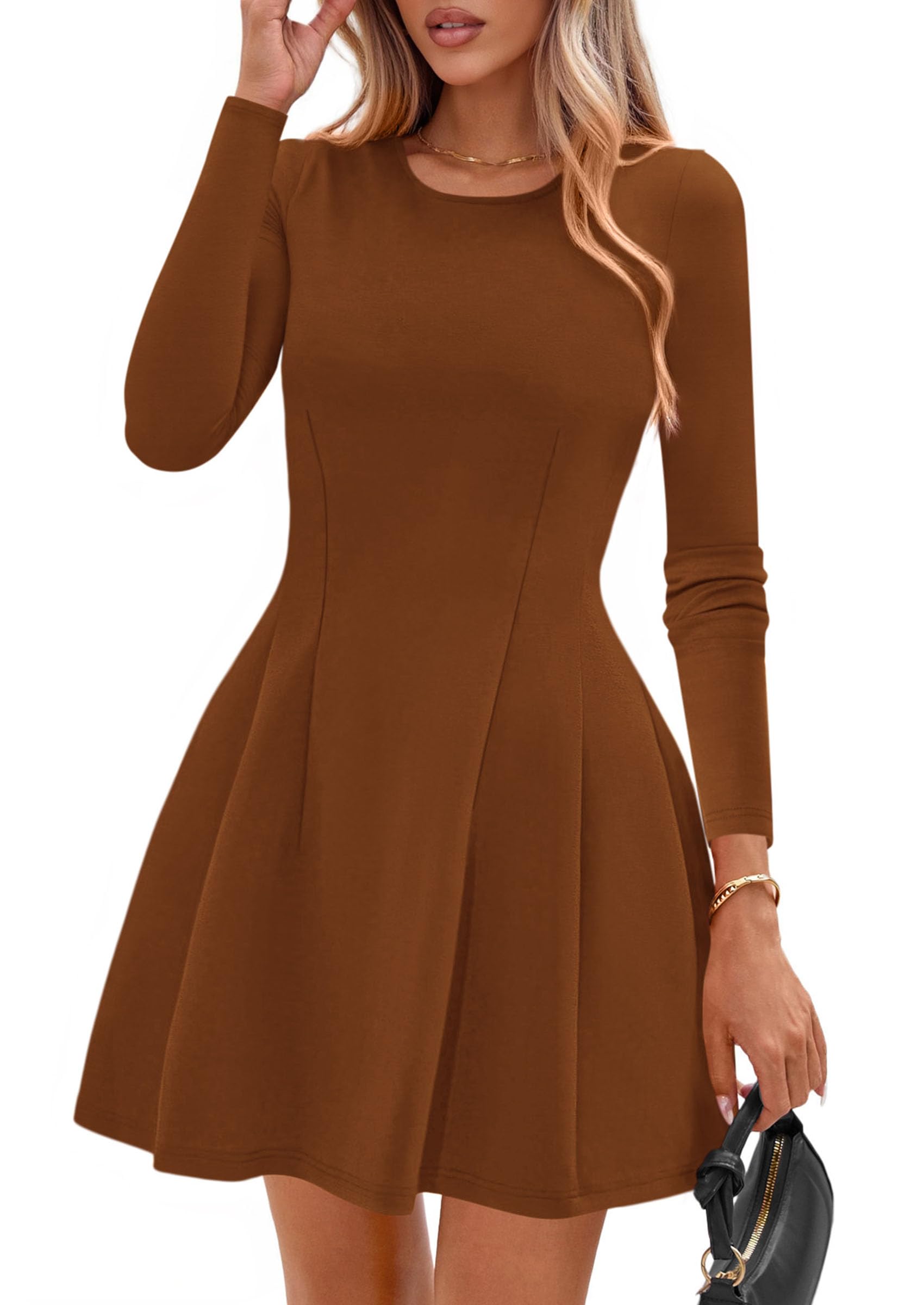 Photo 1 of ***(HEAVILY USED/ MINOR DAMAGE)***PRETTYGARDEN Long Sleeve Mini Dress for Women 2026 Spring Crewneck Knit Pleated Babydoll A Line Casual Short Party Dresses (Caramel,X-Large)