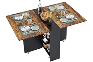 Tiptiper Folding Dining Table with 6 Wheels, Drop Leaf Tables for Small Spaces, Foldable Dining Table with 2-Layer Storage Rack, Folding Kitchen Table, Rustic Brown and Black