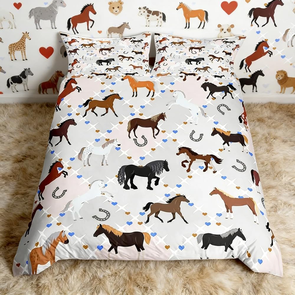 Loussiesd Kids Horse Bedding Set King Kawaii Horses Bedding Duvet Cover Set for Girls Women Gray Buffalo Check Plaid Heart Decor Comforter Cover Farmhouse Grid Farmhorse Bedspread Cover Bedroom 3Pcs