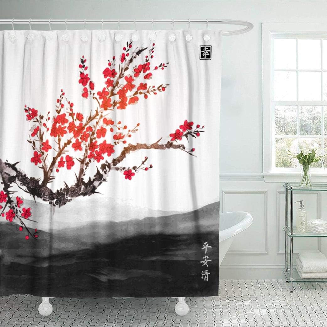 Amazon Com Plum Shower Curtain Japanese Shower Curtain Lilymua Red Spring Flower Blossom Mountain Bathroom Oriental Sakura Cherry Tree Landscape Ink Shower Curtain Polyester Waterproof Bathroom Decor 72x72 Inch Home Kitchen