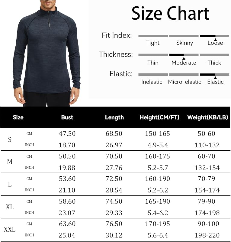 Haut à Manches Longues pour Homme, avec Demi-Zip et Col Montant, Sweat pour la Course, la Randonnée, la Salle de Sport, Décontracté, Noir Bleu, XXL — photo 5 sur 6