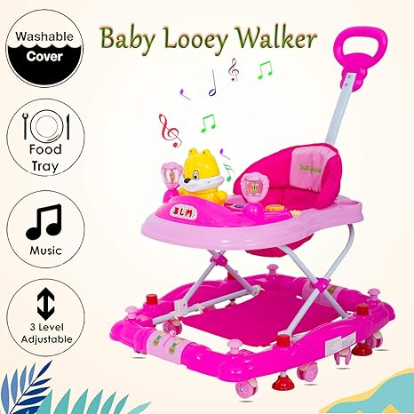 Baybee Looey Baby Walker Cum Rocker - Round Kids Walker for Babies Cycle with Music & Light Rattles and Toys Ultra Soft Seat, Push Bar Activity Walker for Kid and Wheel 6 Months to 2 Years-Pink